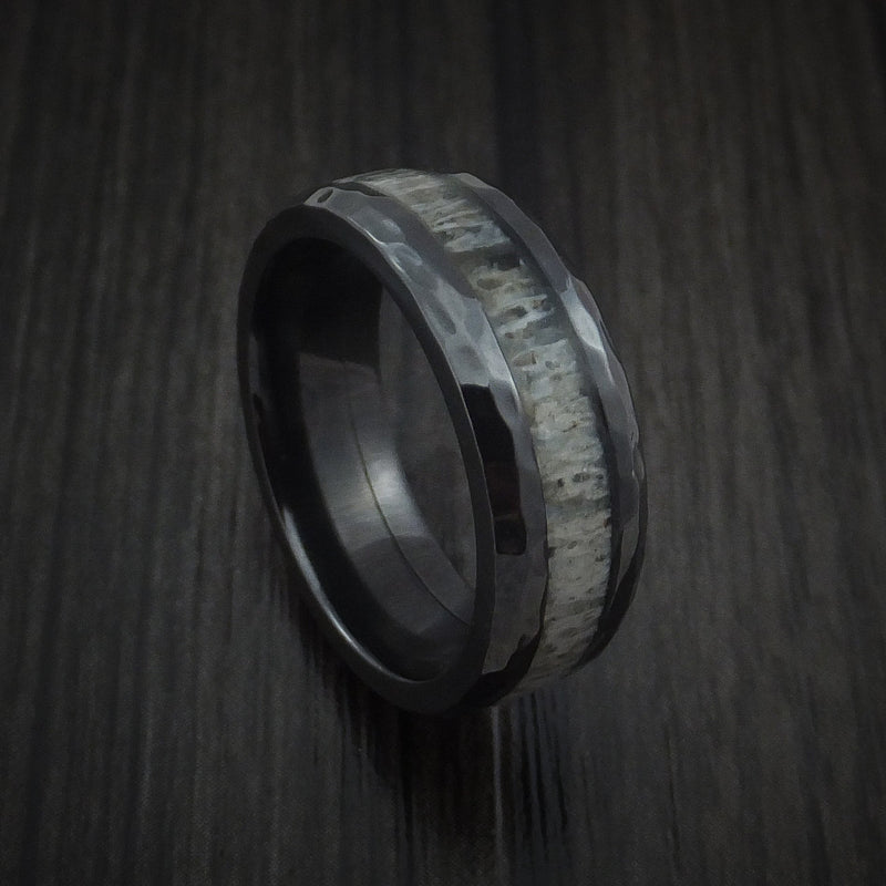 Black Titanium and Antler Hammered Men's Ring Custom Made Band