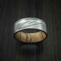 Damascus Steel Ring with 14k White Gold Inlay and Zebrawood Hardwood Interior Sleeve Custom Made Band