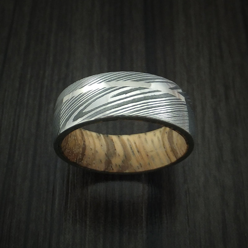 Damascus Steel Ring with 14k White Gold Inlay and Zebrawood Hardwood Interior Sleeve Custom Made Band