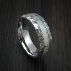 Damascus Steel and Antler Rock Hammered Ring Custom Made Band