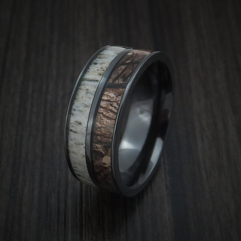 Black Zirconium Ring with King's Camo Woodland Shadow and Antler Inlays Custom Made Band