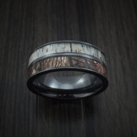 Black Titanium Men's Ring with Camo and Antler Inlays Custom Made Wedding Band