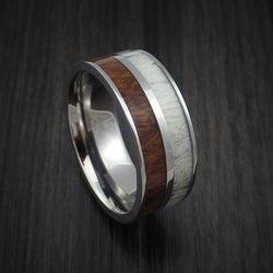 Titanium Ring with Desert Ironwood Burl Hardwood and Antler Inlays Custom Made Band