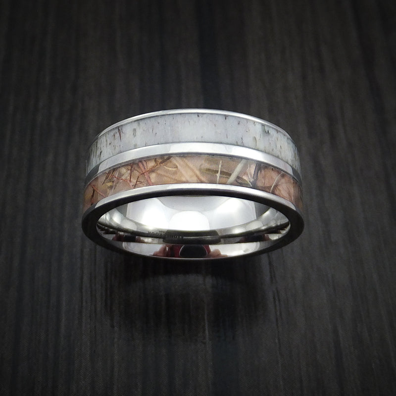 Titanium Ring with King's Camo Field Shadow and Antler Inlays Custom Made Band
