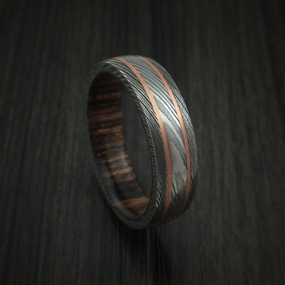 Damascus Steel Ring with Copper Inlays and Hardwood Sleeve