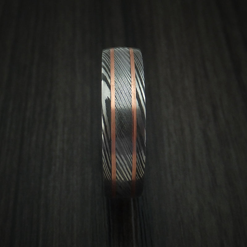 Damascus Steel Ring with Copper Inlays and Hardwood Sleeve