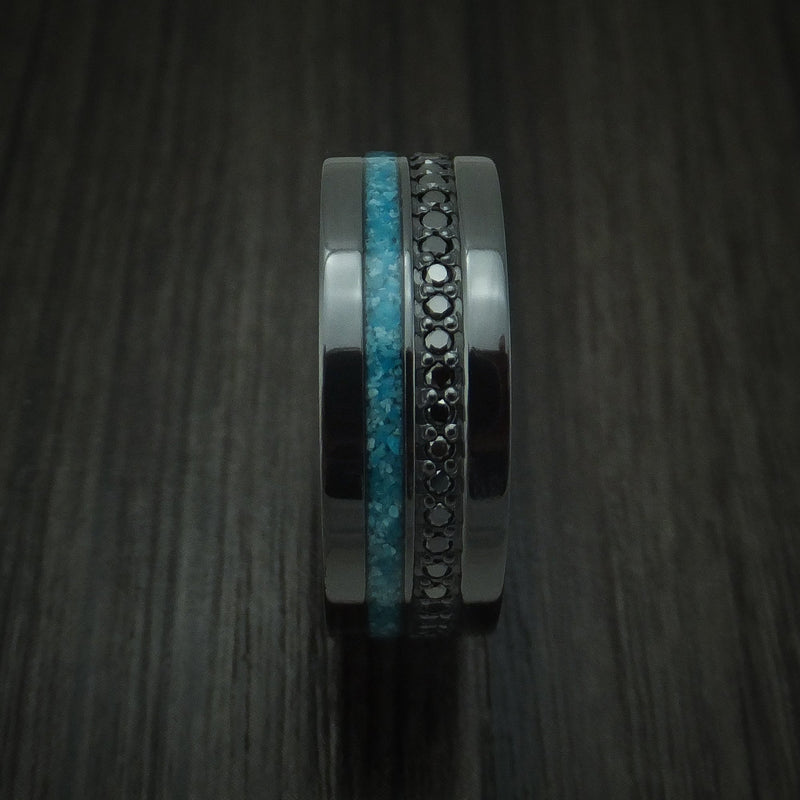 Black Titanium and Black Diamond Ring with Turquoise Inlay Custom Made