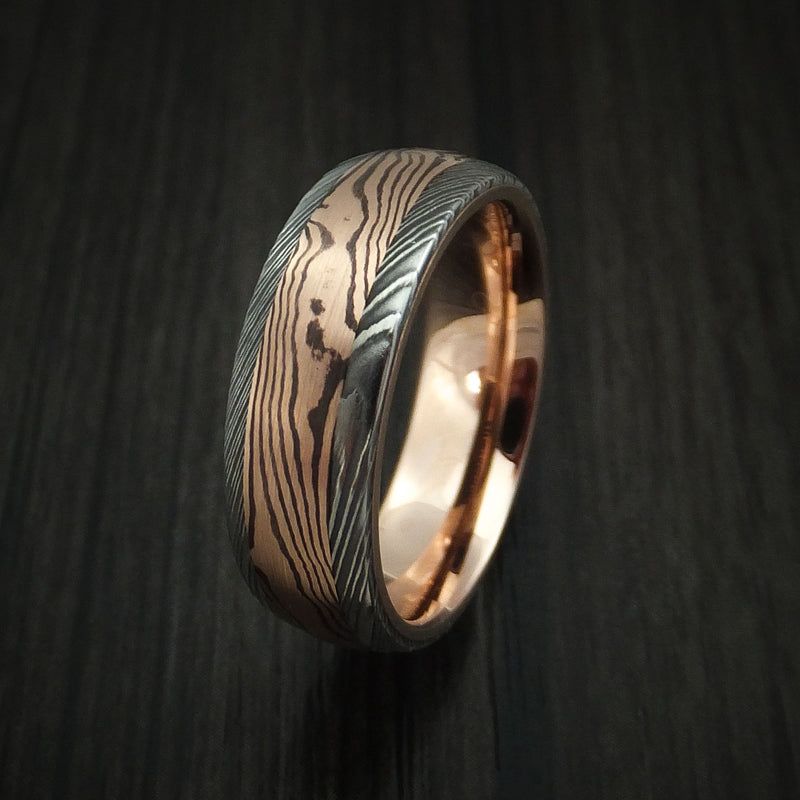 Damascus Steel Ring with Rose Gold Mokume and Rose Gold Sleeve Custom Made Band