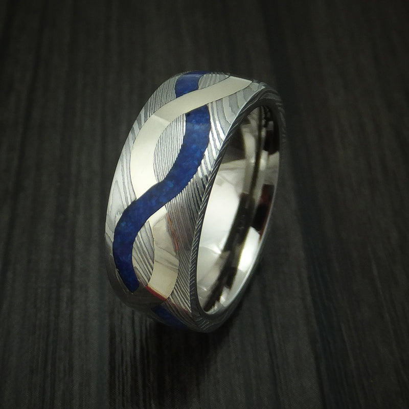 Damascus Steel with 14K Gold and Lapis Infinity Inlay Custom Made