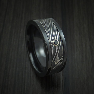 Black Zirconium and Kuro Damascus Steel Band with Black Diamond Custom Made Ring