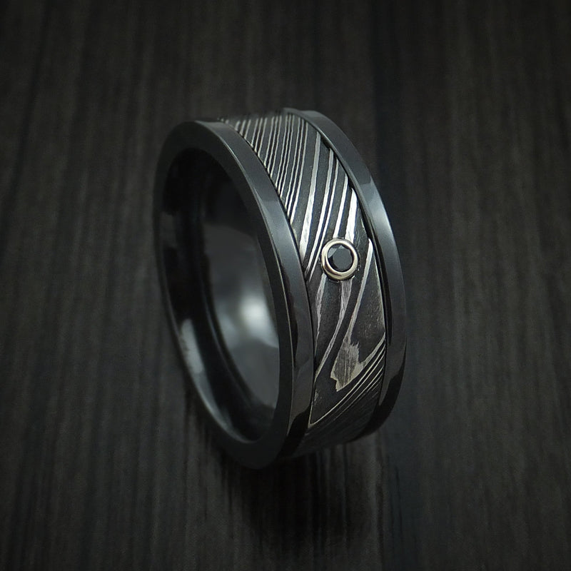 Black Titanium and Kuro Damascus Steel Band with Black Diamond Custom Made Men's Ring