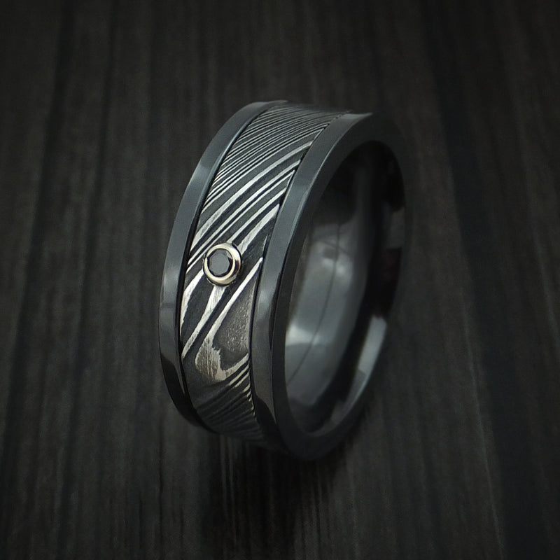Black Zirconium and Kuro Damascus Steel Band with Black Diamond Custom Made Ring