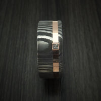 Damascus Steel Ring with 14k Rose Gold Inlay and Sleeve and Diamond Custom Made Band