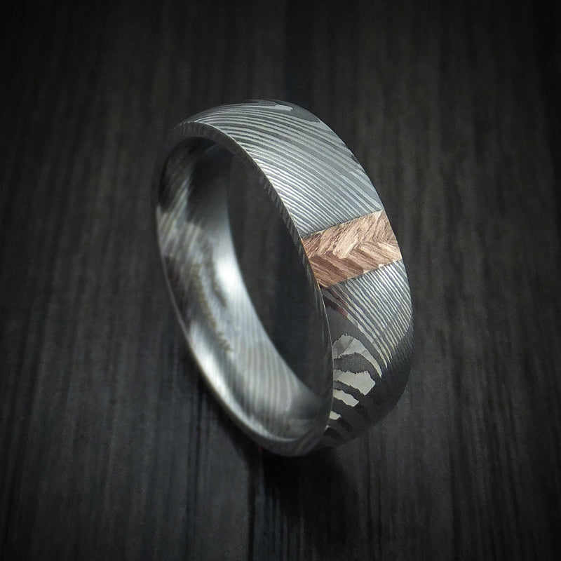 Damascus Steel and Gold Ring with Feather Texture Custom Made Band