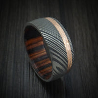 Damascus Steel Band With Hammered 14k Rose Gold And Wood Sleeve Custom Made