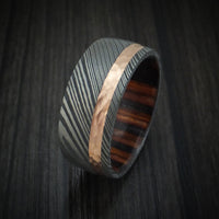 Damascus Steel Band With Hammered 14k Rose Gold And Wood Sleeve Custom Made