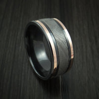 Black Titanium and Gibeon Meteorite Men's Ring with 14K Rose Gold Inlays Custom Made Band