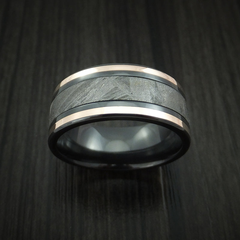 Black Zirconium and Gibeon Meteorite Ring with 14K Rose Gold Inlays Custom Made Band