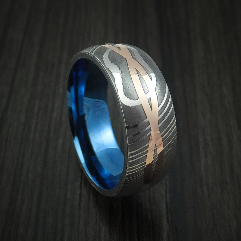 Damascus Steel 14K Rose Gold Celtic Knot Ring Infinity Design Anodized Wedding Band