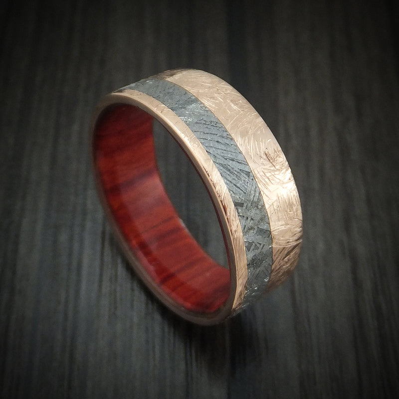 Rose Gold And Gibeon Meteorite Men's Band With Red Heart Wood Sleeve C ...