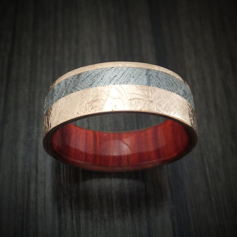 Rose Gold And Gibeon Meteorite Band With Red Heart Wood Sleeve Custom Made