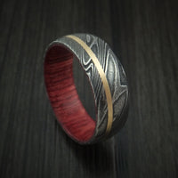 Kuro Damascus Steel Ring with 14K Yellow Gold Inlay and Hardwood Sleeve Custom Made Wood Band