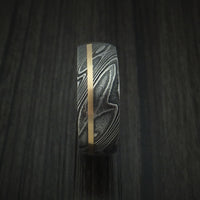 Kuro Damascus Steel Ring with 14K Yellow Gold Inlay and Hardwood Sleeve Custom Made Wood Band