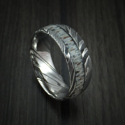 Kuro Damascus Steel and Antler Ring Custom Made Band