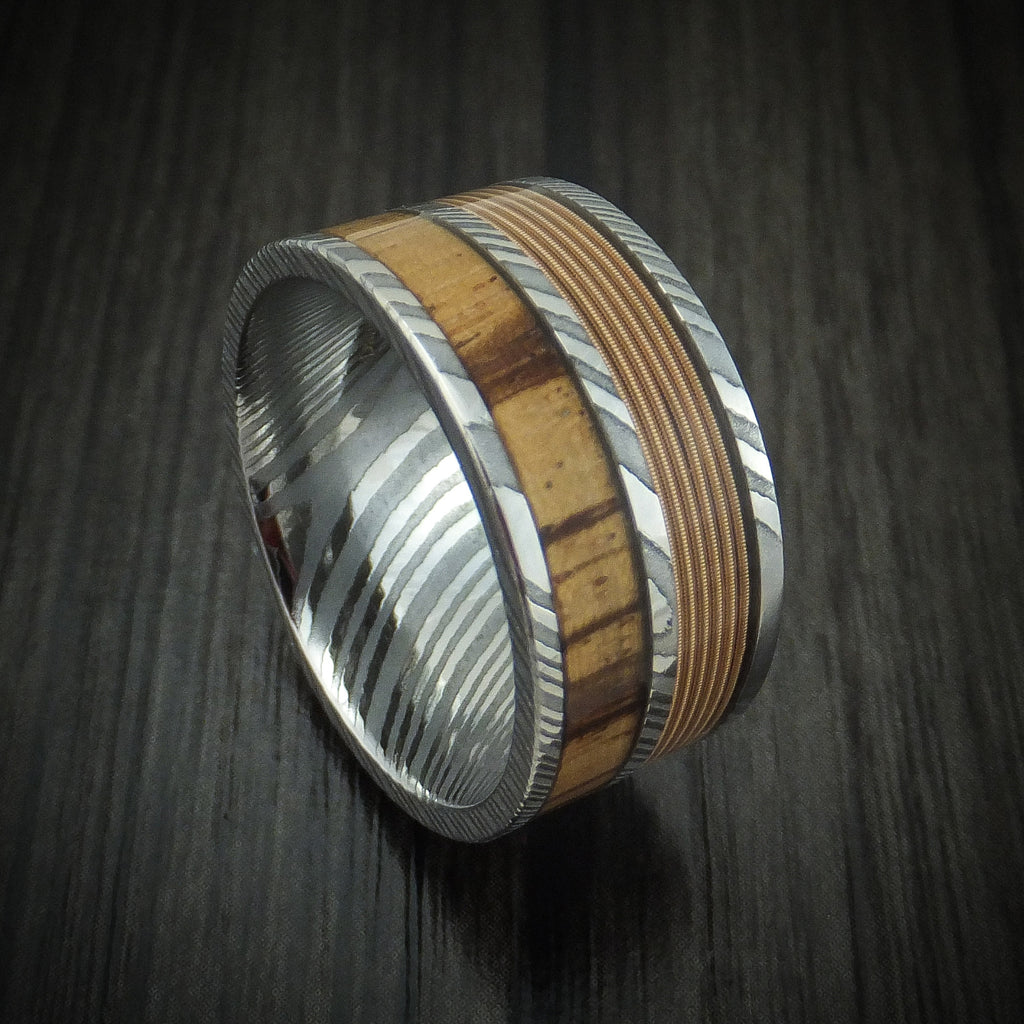 Damascus Steel Guitar String and Wood Men s Ring Custom Made Band