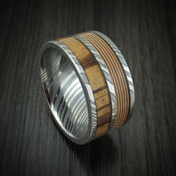 Damascus Steel Guitar String and Wood Ring Custom Made Band