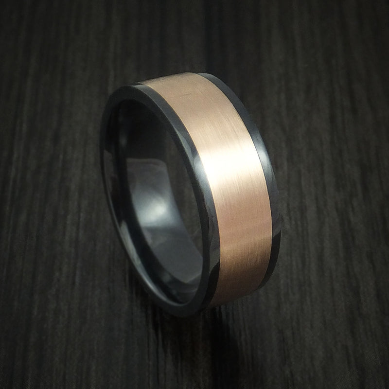 Black Zirconium Ring with Wide 14K Rose Gold Inlay Custom Made Band