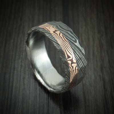 Damascus Steel And 14K Rose Gold Mokume Shakudo Rock Hammered Band Custom Made