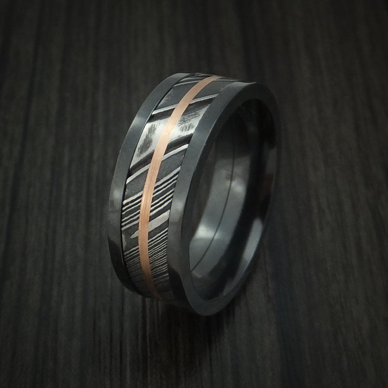 Black Zirconium and Kuro Damascus Steel Band 14K Rose Gold Center Custom Made Ring