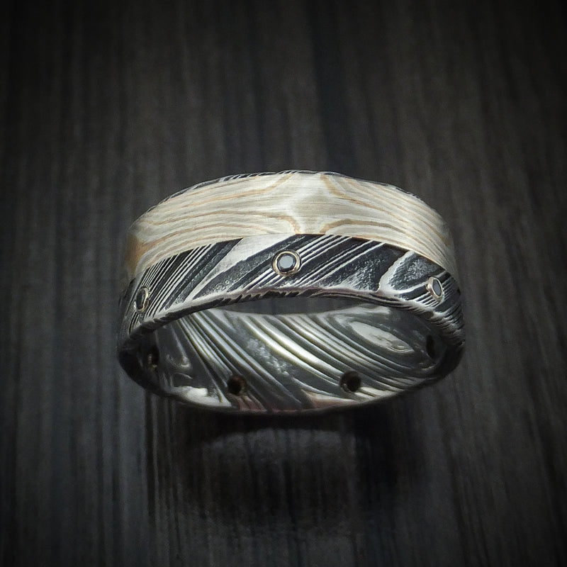 Kuro Damascus Steel with Mokume and Black Diamonds Custom Made Ring