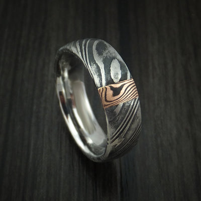 Kuro Damascus Steel Ring with 14k Rose Gold Mokume Vertical Inlay Custom Made Band