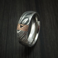 Kuro Damascus Steel Ring with 14k Rose Gold Mokume Vertical Inlay Custom Made Band