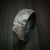 Damascus Steel Hammered Ring with Vertical 14K Gold Inlay and Forged Carbon Fiber Sleeve Custom Made