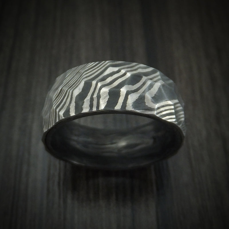Damascus Steel Hammered Ring with Forged Carbon Fiber Sleeve Custom Made