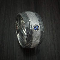 Kuro Damascus Steel and Gibeon Meteorite Hammered Ring with Sapphire set in Gold Custom Made Band