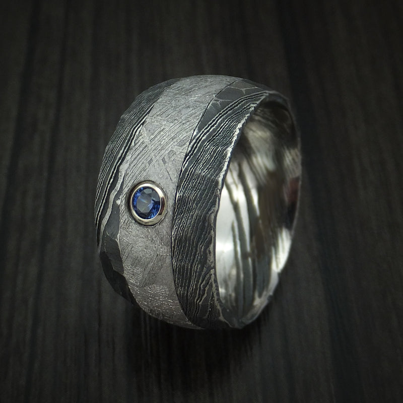Kuro Damascus Steel and Gibeon Meteorite Hammered Ring with Sapphire set in Gold Custom Made Band