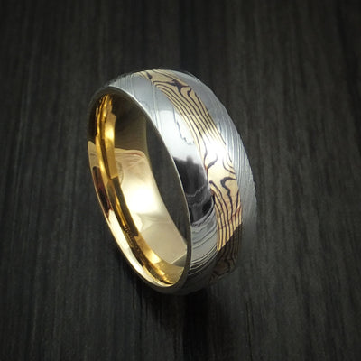 Damascus Steel Ring with 18K Yellow Gold Mokume and 18K Yellow Gold Sleeve Custom Made Band
