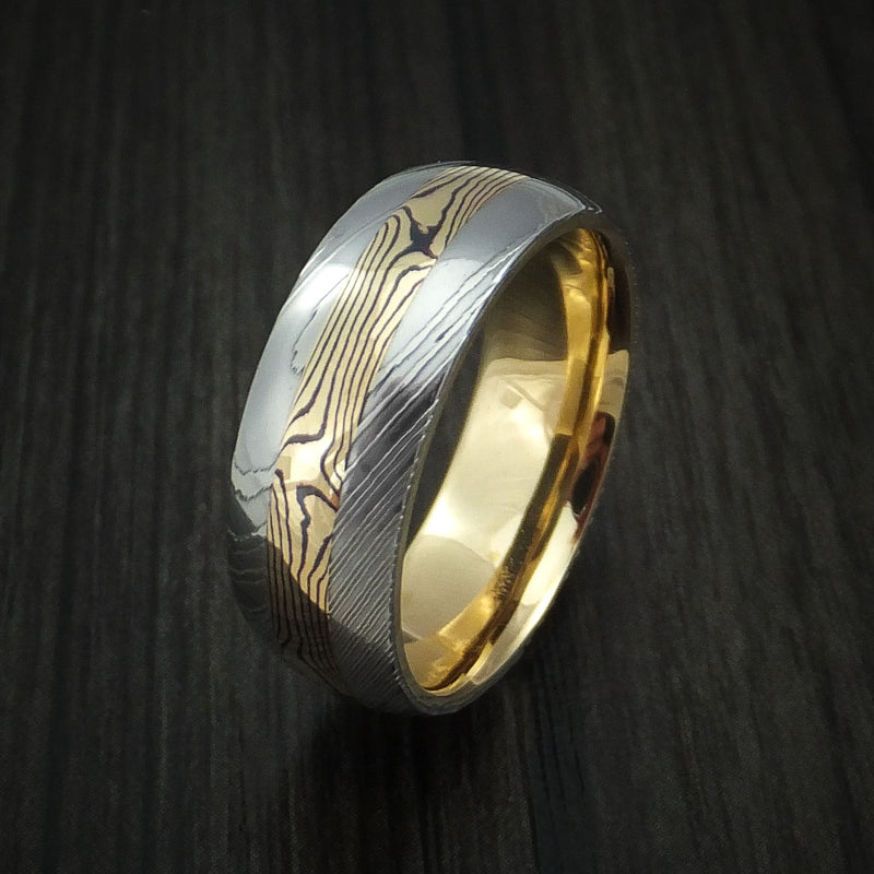 Damascus Steel Men's Ring with 18K Yellow Gold Mokume and 18K Yellow Gold Sleeve Custom Made Band