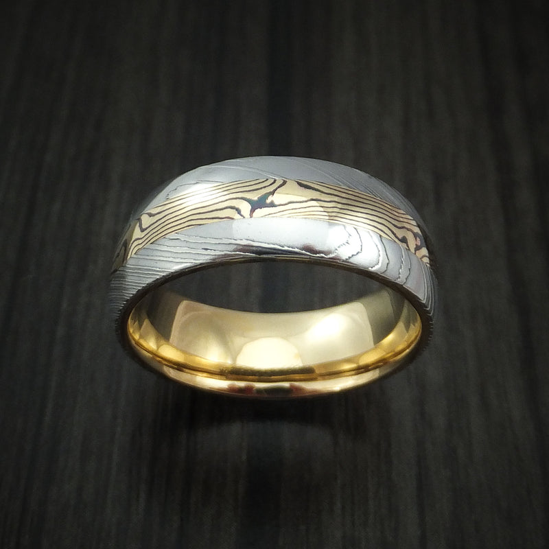 Damascus Steel Men's Ring with 18K Yellow Gold Mokume and 18K Yellow Gold Sleeve Custom Made Band