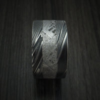 Kuro Damascus Steel Ring with Gibeon Meteorite and Red Heart Hardwood Custom Made Band