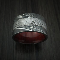 Kuro Damascus Steel Ring with Gibeon Meteorite and Red Heart Hardwood Custom Made Band