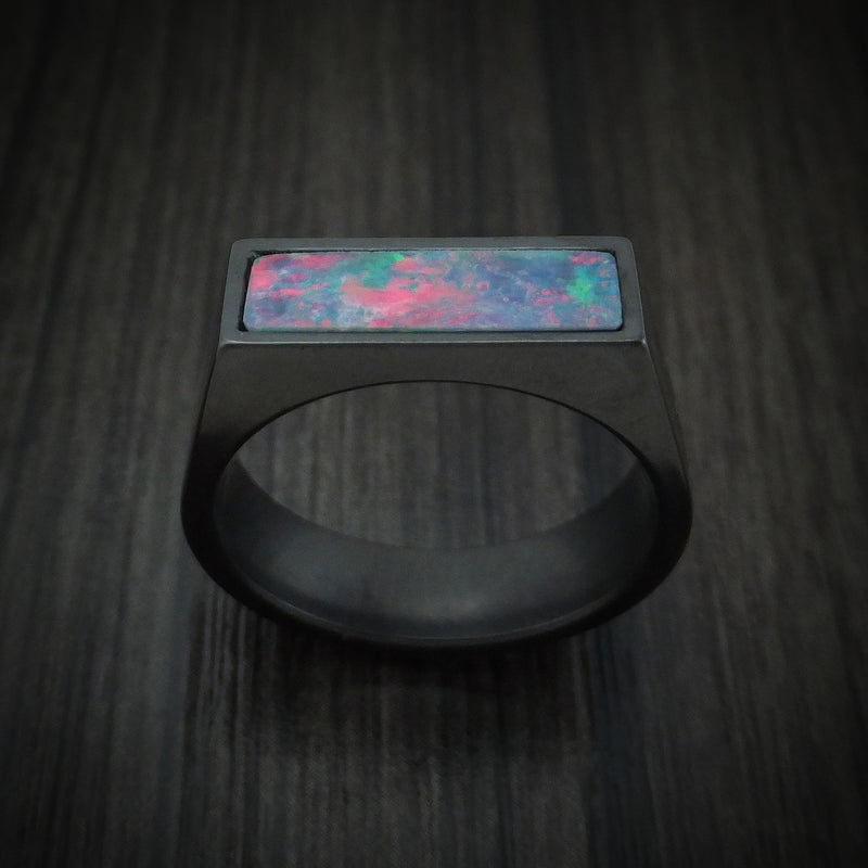 Black Zirconium Signet Ring with Opal Inlay