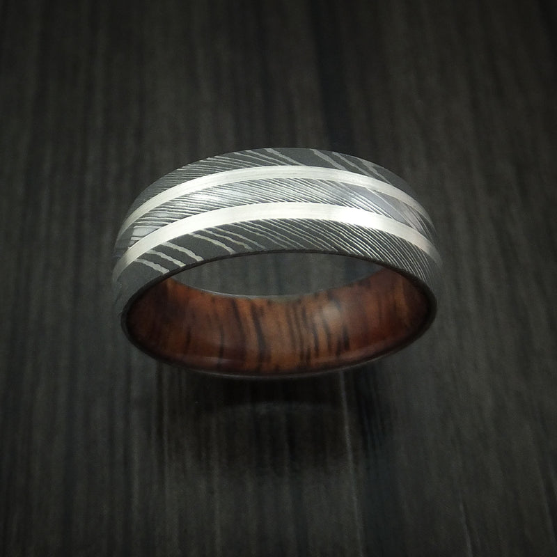 Damascus Steel Ring with Silver Inlays and Koa Hard Wood Sleeve