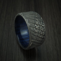 Damascus Steel Tree Bark Carved Ring with Blueberry Hardwood Custom Made Band