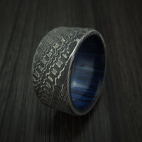 Damascus Steel Tree Bark Carved Ring with Blueberry Hardwood Custom Made Band