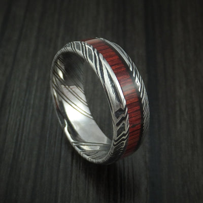 Kuro Damascus Steel Ring with Cocobolo Hardwood Inlay Custom Made Band